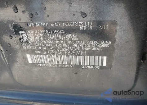 2014 Subaru Impreza 2.0I from USA, damaged, VIN JF1GPAA67E8252488